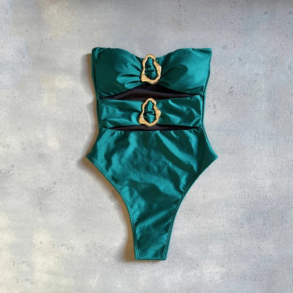3 Colors Sexy Metal Rings Cut Out Women Swimwear One Piece Swimsuit Female Bandeau High Leg Cut Bather Bathing Suit Swim B026D