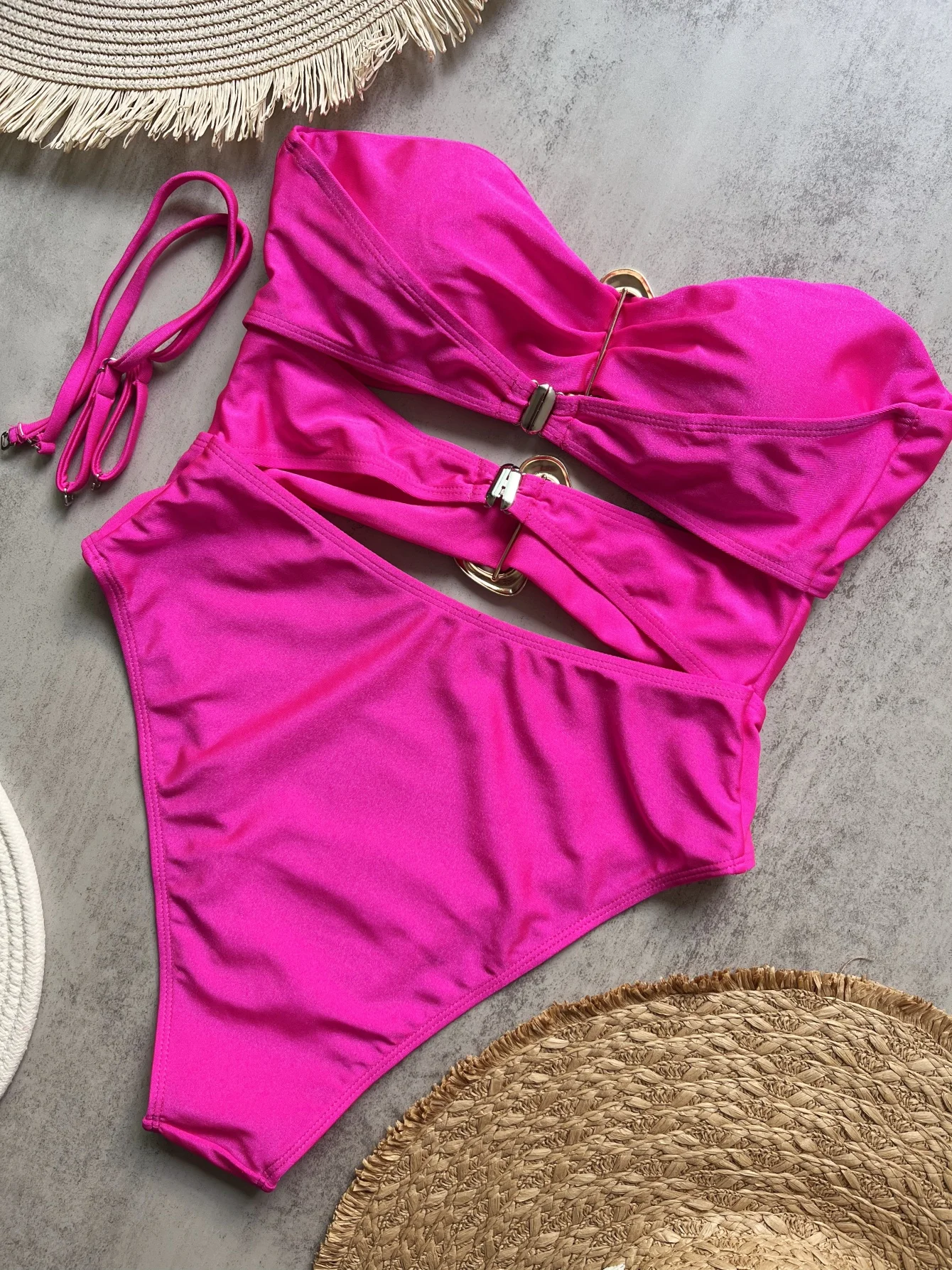 3 Colors Sexy Metal Rings Cut Out Women Swimwear One Piece Swimsuit Female Bandeau High Leg Cut Bather Bathing Suit Swim B026D