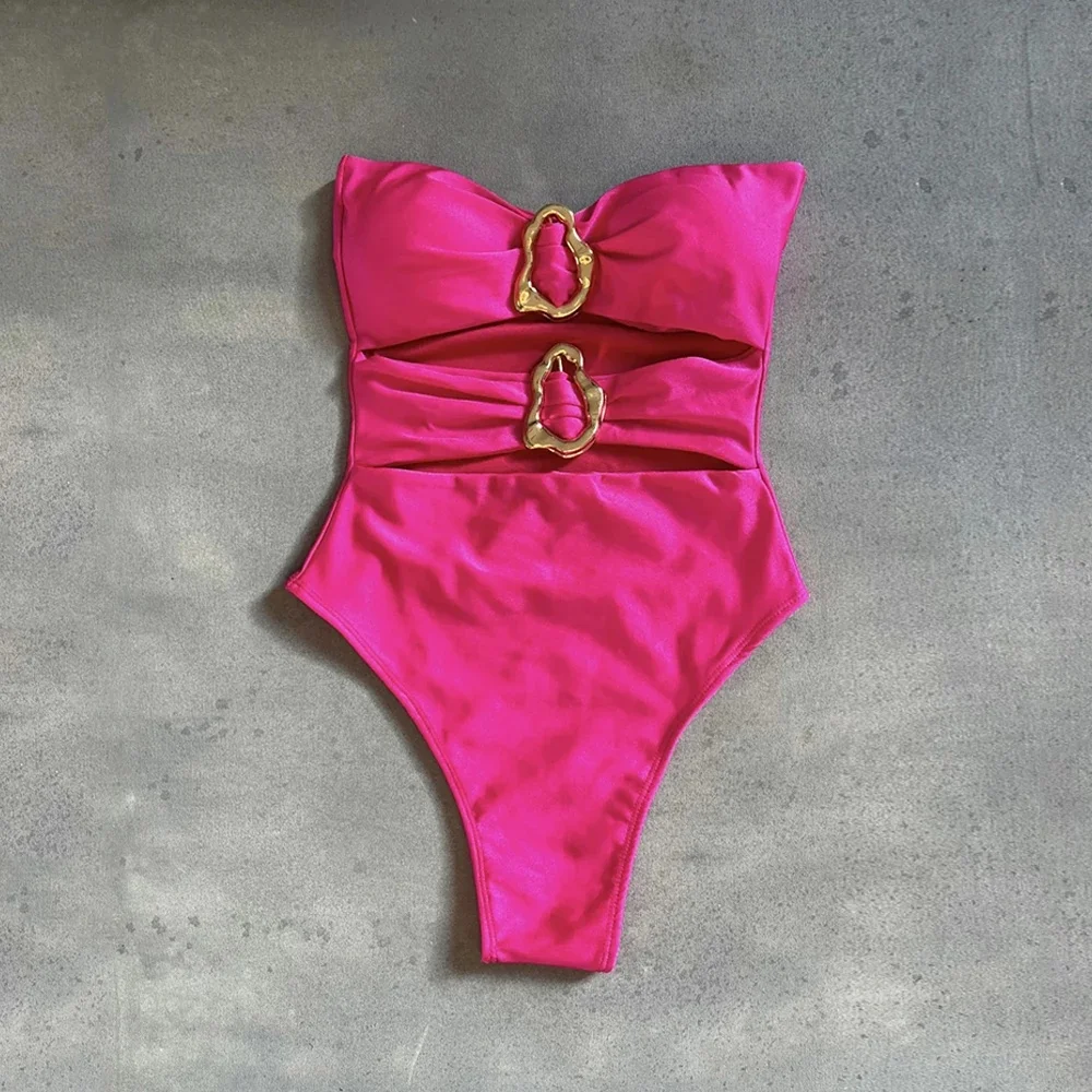 3 Colors Sexy Metal Rings Cut Out Women Swimwear One Piece Swimsuit Female Bandeau High Leg Cut Bather Bathing Suit Swim B026D