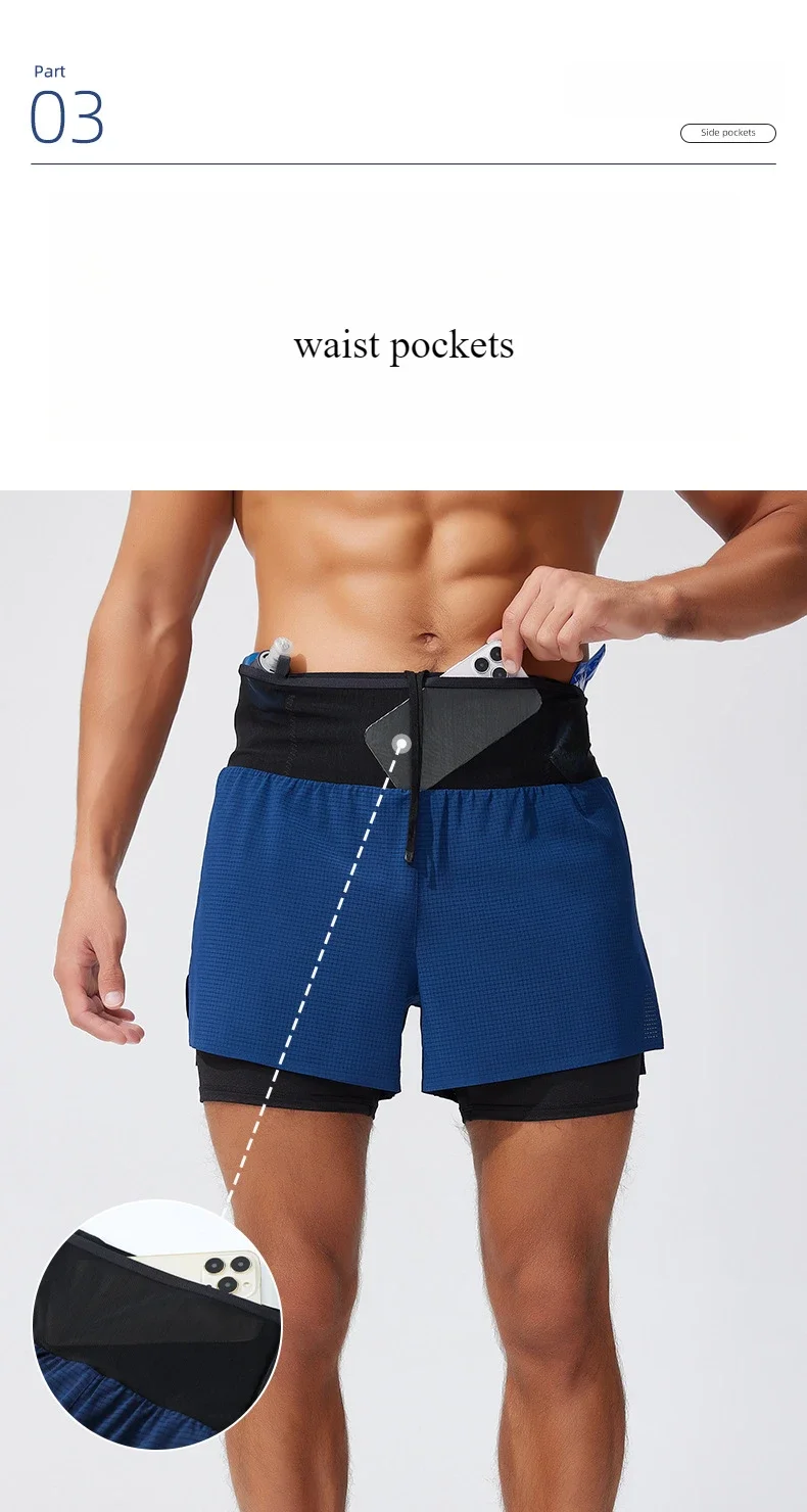 Double Deck Sports Shorts Men 2 in 1 Marathon Fitness Running Shorts Male Short Gym Man Basketball Workout Pants Multi-pocket