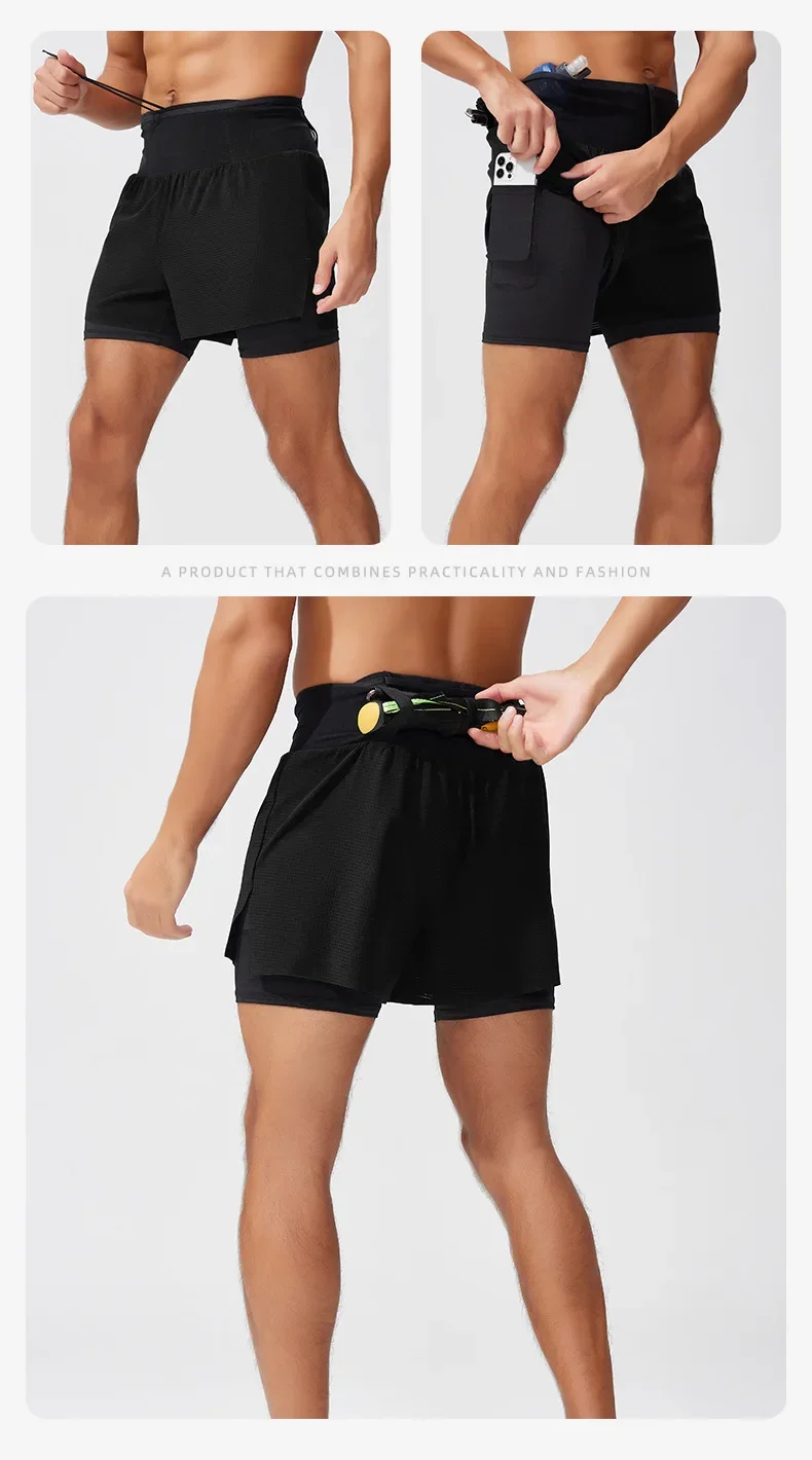 Double Deck Sports Shorts Men 2 in 1 Marathon Fitness Running Shorts Male Short Gym Man Basketball Workout Pants Multi-pocket