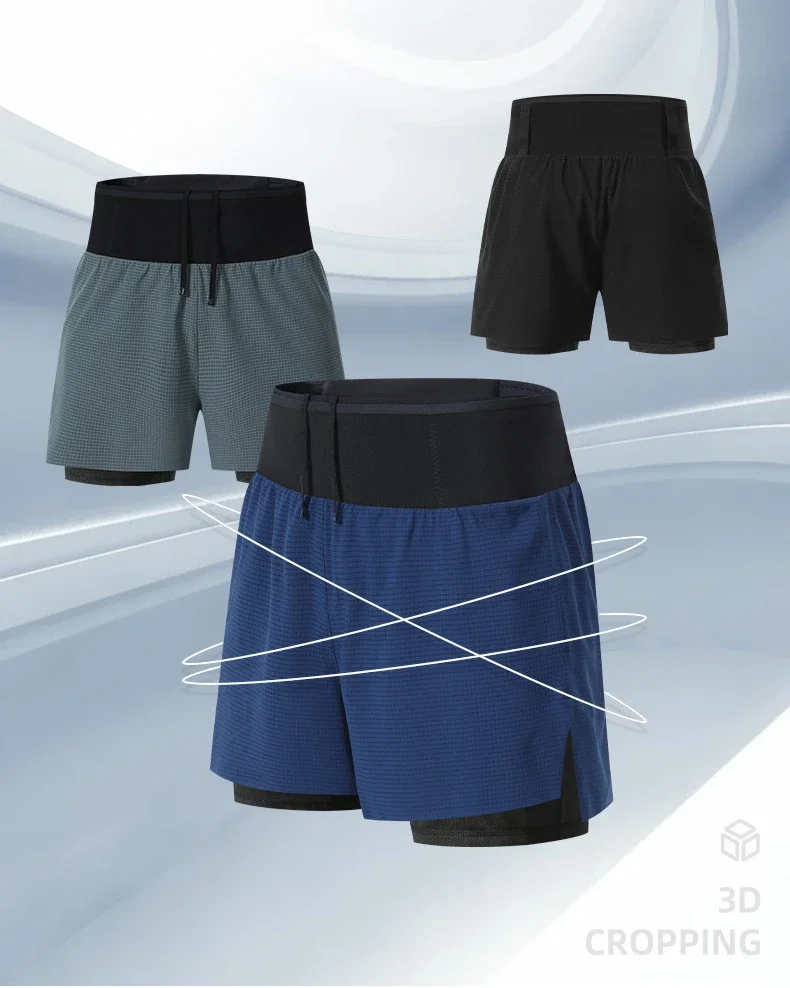 Double Deck Sports Shorts Men 2 in 1 Marathon Fitness Running Shorts Male Short Gym Man Basketball Workout Pants Multi-pocket