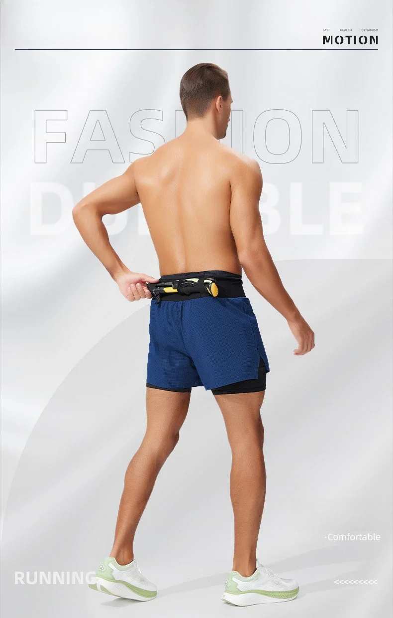 Double Deck Sports Shorts Men 2 in 1 Marathon Fitness Running Shorts Male Short Gym Man Basketball Workout Pants Multi-pocket