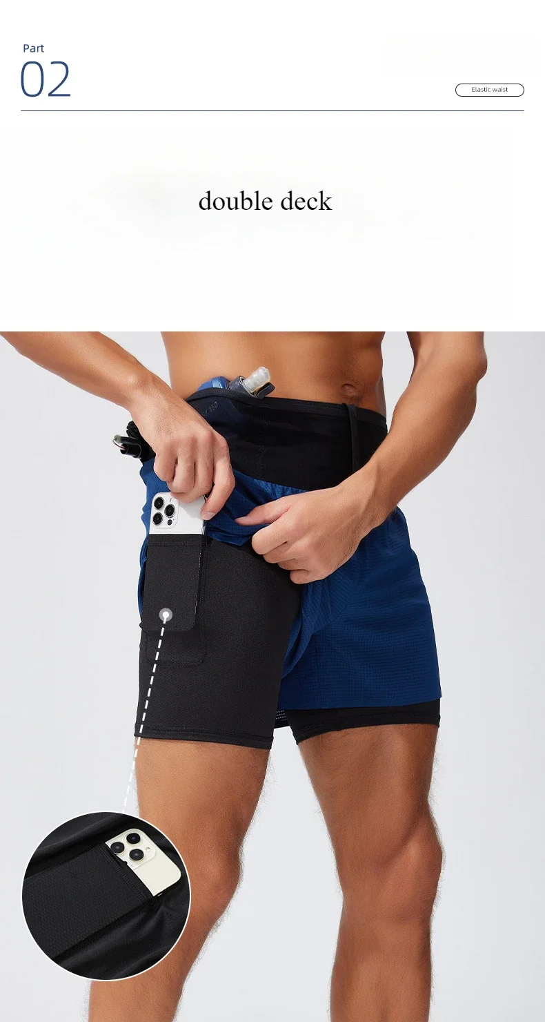 Double Deck Sports Shorts Men 2 in 1 Marathon Fitness Running Shorts Male Short Gym Man Basketball Workout Pants Multi-pocket