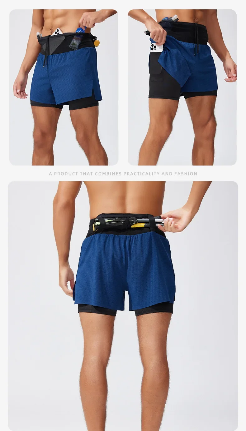 Double Deck Sports Shorts Men 2 in 1 Marathon Fitness Running Shorts Male Short Gym Man Basketball Workout Pants Multi-pocket