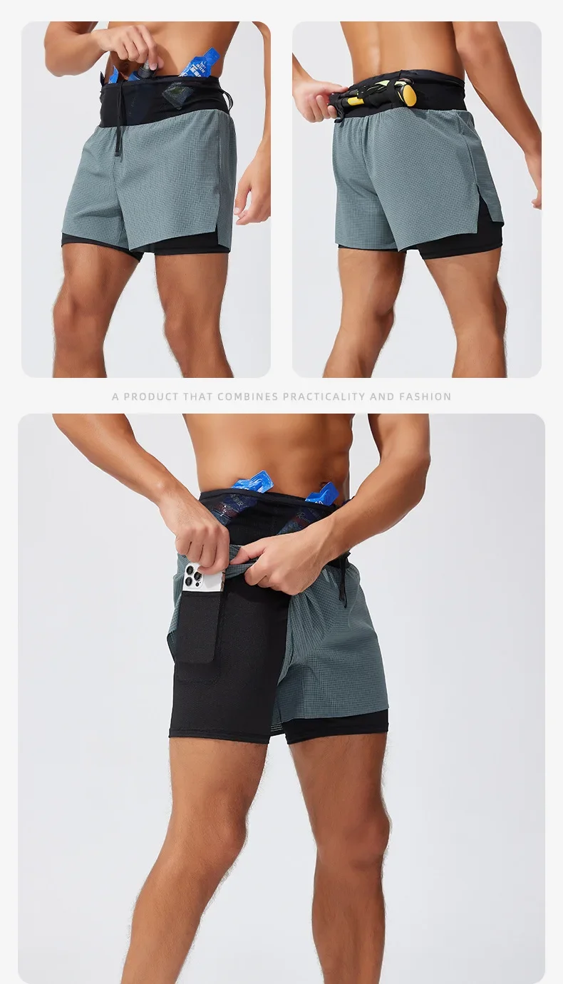 Double Deck Sports Shorts Men 2 in 1 Marathon Fitness Running Shorts Male Short Gym Man Basketball Workout Pants Multi-pocket