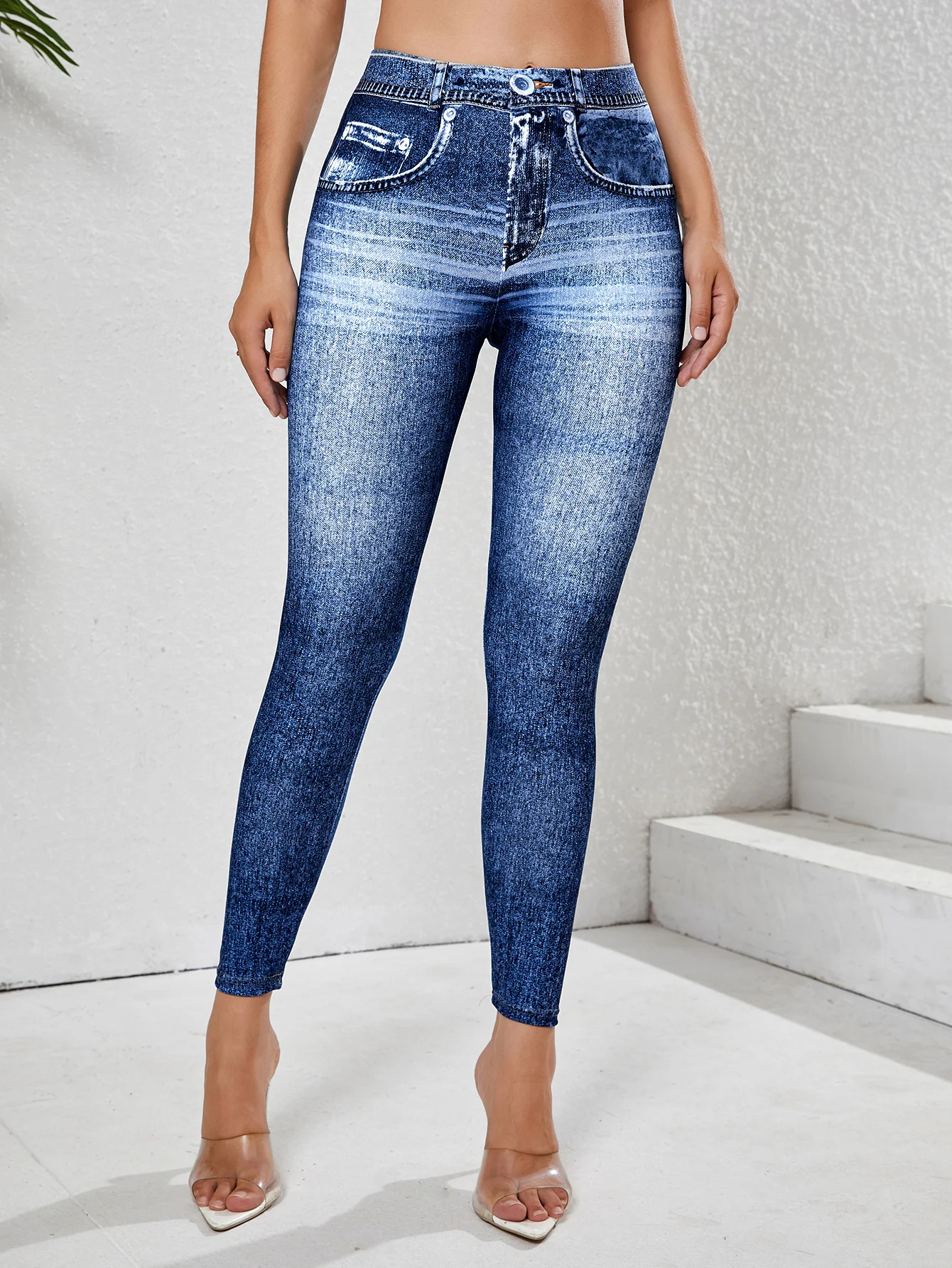 Women Faux Denim Print Leggings High Waist Skinny Pants Non-denim Retro Leggings Women Sport Slim Tights Leggings Fitness