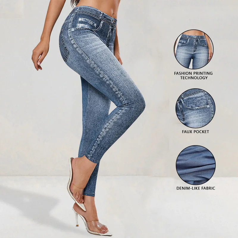 Women Faux Denim Print Leggings High Waist Skinny Pants Non-denim Retro Leggings Women Sport Slim Tights Leggings Fitness