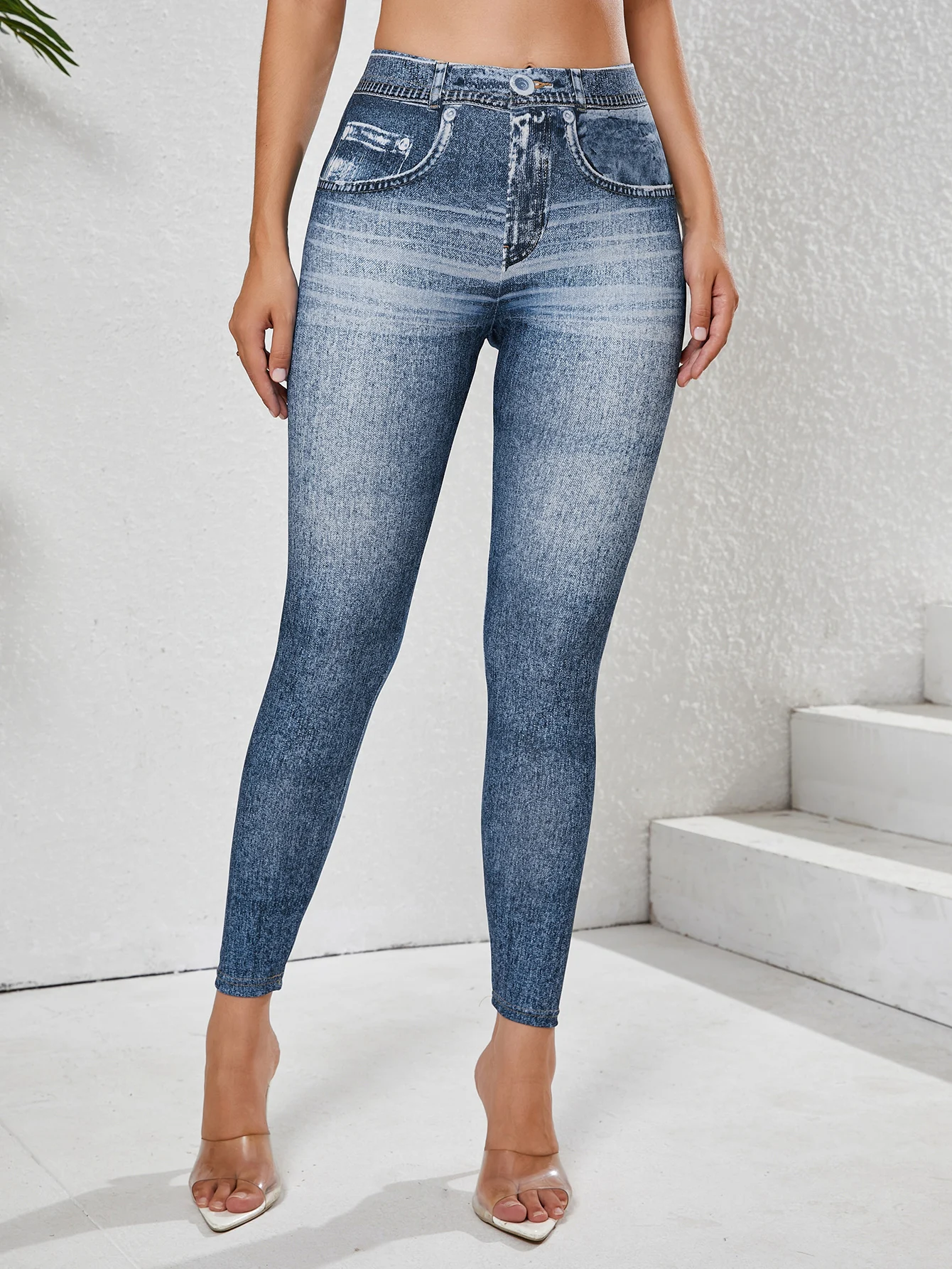 Women Faux Denim Print Leggings High Waist Skinny Pants Non-denim Retro Leggings Women Sport Slim Tights Leggings Fitness