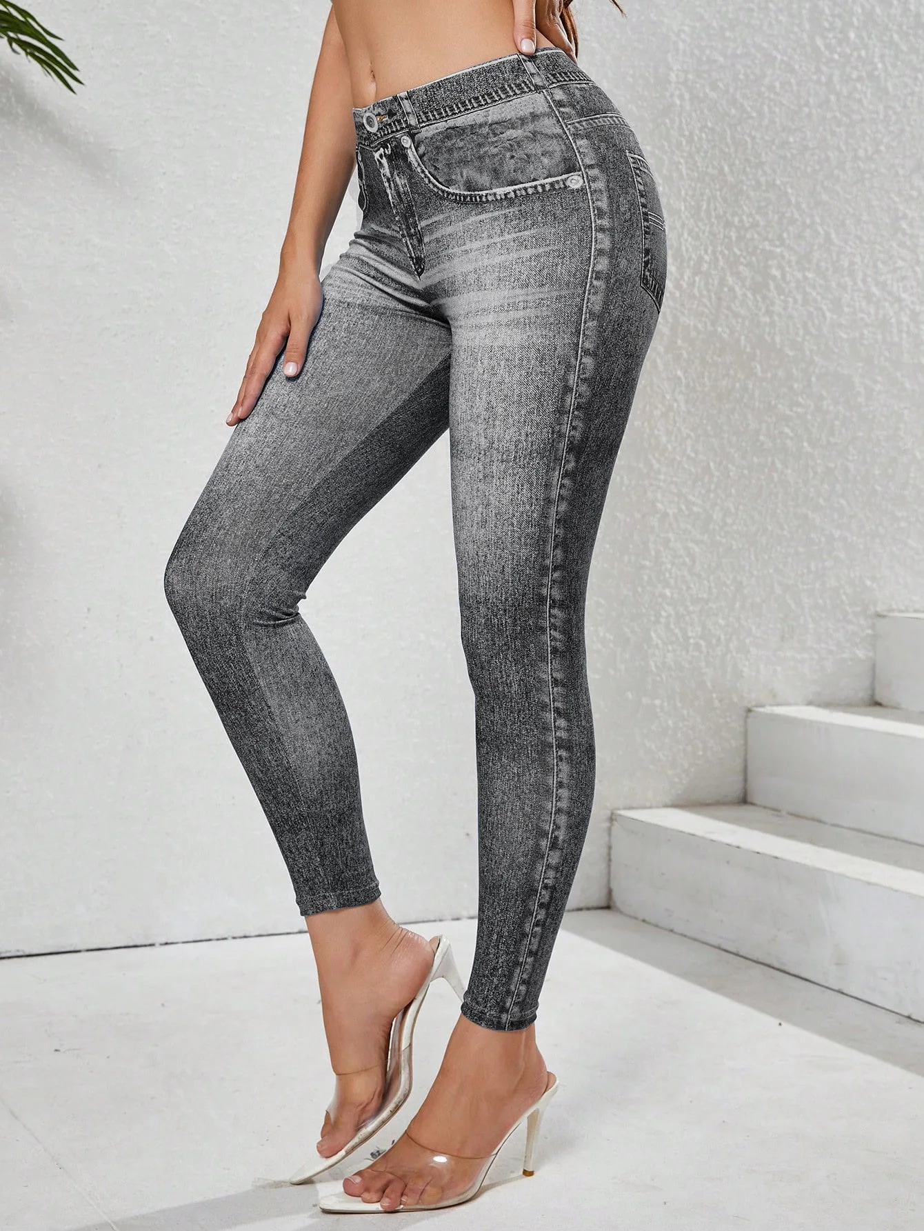 Women Faux Denim Print Leggings High Waist Skinny Pants Non-denim Retro Leggings Women Sport Slim Tights Leggings Fitness