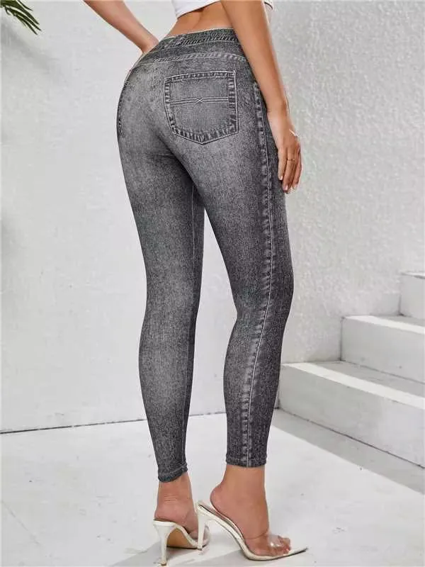Women Faux Denim Print Leggings High Waist Skinny Pants Non-denim Retro Leggings Women Sport Slim Tights Leggings Fitness