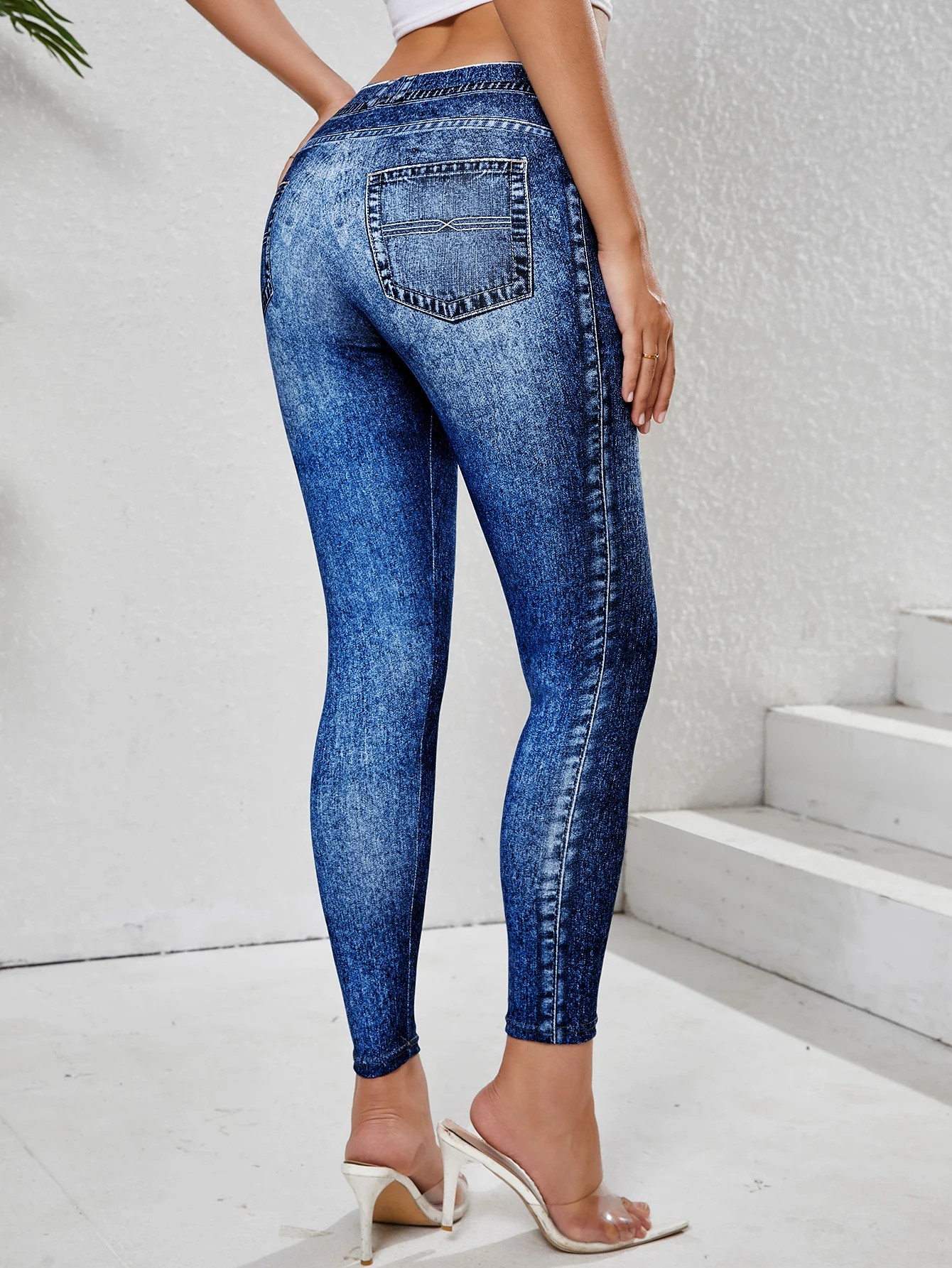 Women Faux Denim Print Leggings High Waist Skinny Pants Non-denim Retro Leggings Women Sport Slim Tights Leggings Fitness