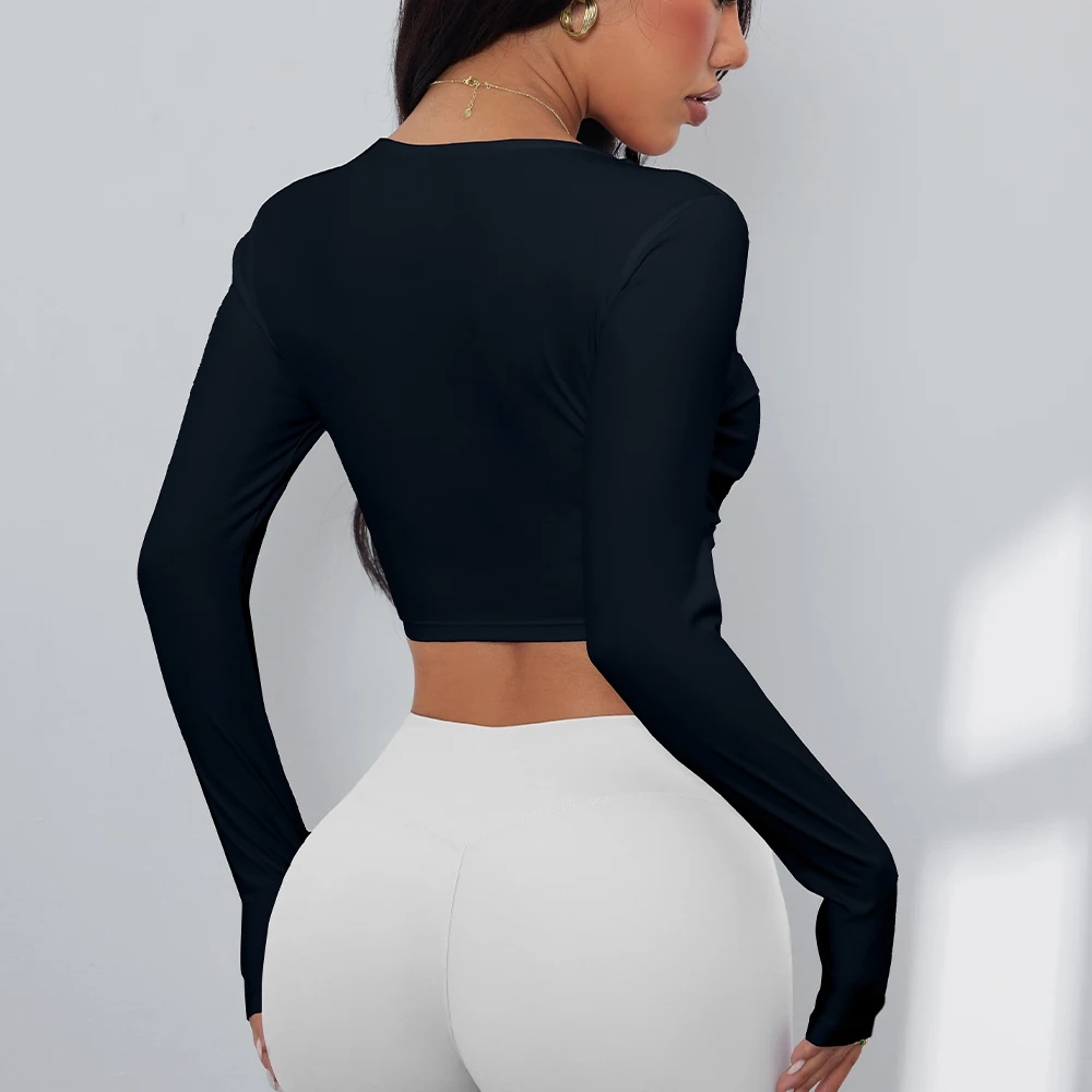 Anfilia Women Fitness Yoga Top Sexy V-Neck Front Twist Design Long Sleeve Quick Dry Breathable Built-In Bra Gym Running Crop Top