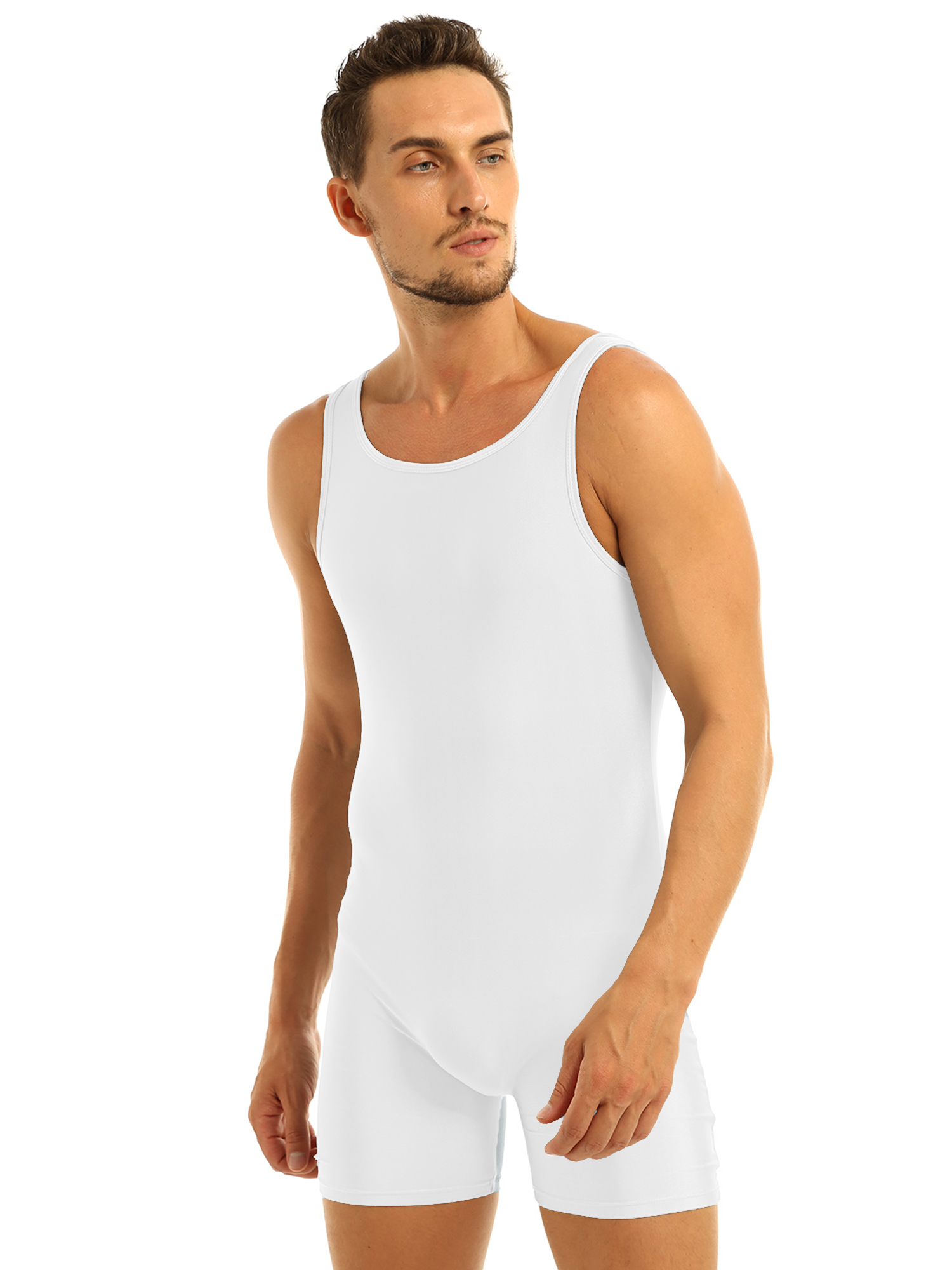 Mens Soft Bodysuit Swimsuit Swimwear Rash Guard Sleeveless Stretchy Solid Unitard Leotard for Sports Gym Dance Gymnastics Yoga