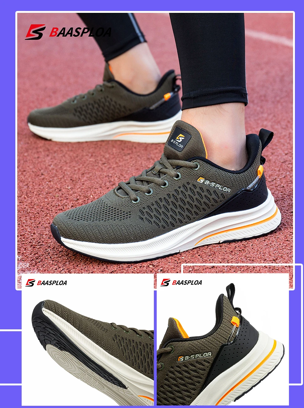 Baasploa New Men Knit Casual Walking Shoes Breathable Trendy Sneakers Original Light Shock Absorption Male Tennis Shoes