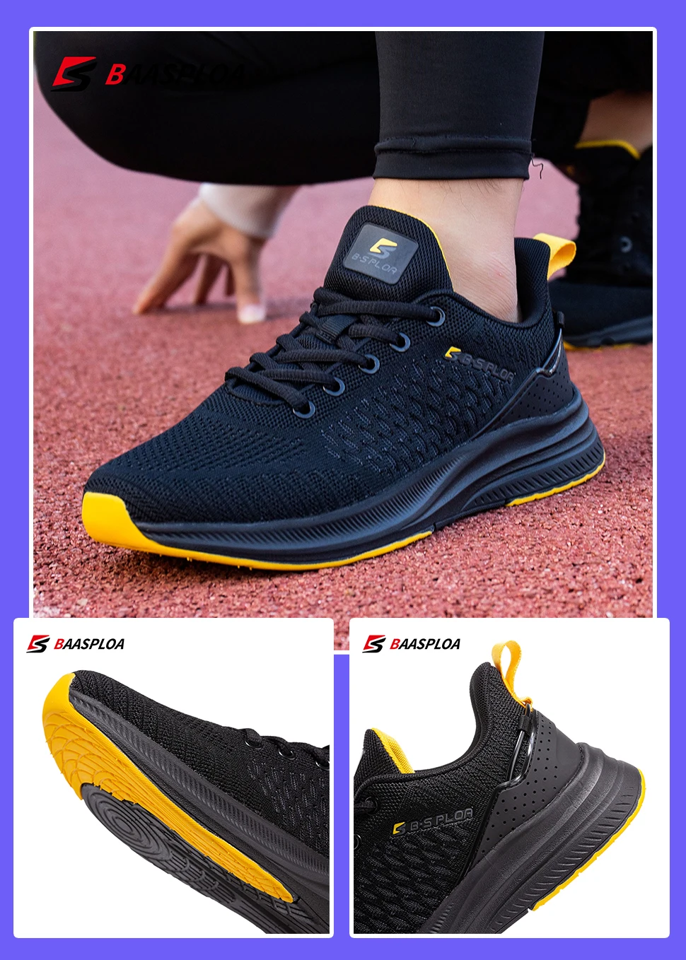 Baasploa New Men Knit Casual Walking Shoes Breathable Trendy Sneakers Original Light Shock Absorption Male Tennis Shoes