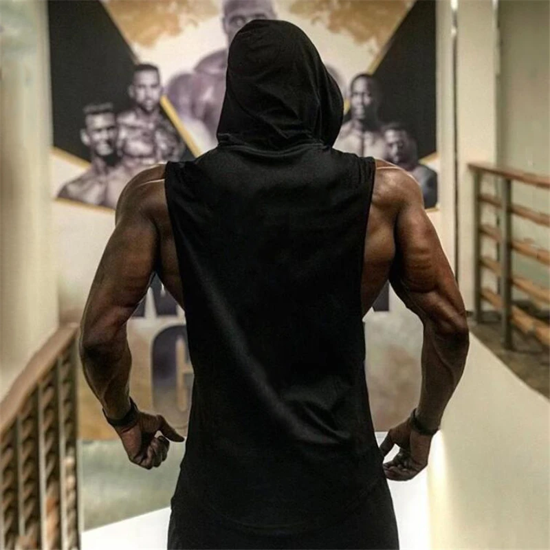 Gym Fitness Loose Sleeveless Vests Street Hip Hop Basketball Hooded Tank Tops Cotton Breathable Shirt Mens Bodybuilding Hoodie