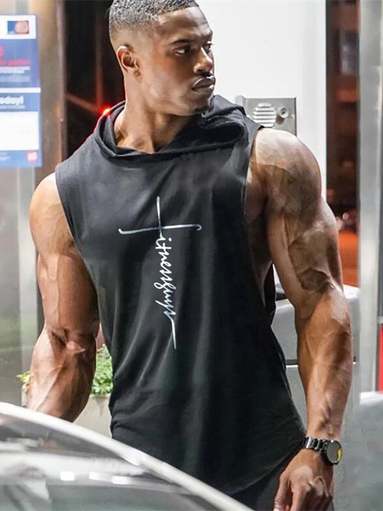 Gym Fitness Loose Sleeveless Vests Street Hip Hop Basketball Hooded Tank Tops Cotton Breathable Shirt Mens Bodybuilding Hoodie
