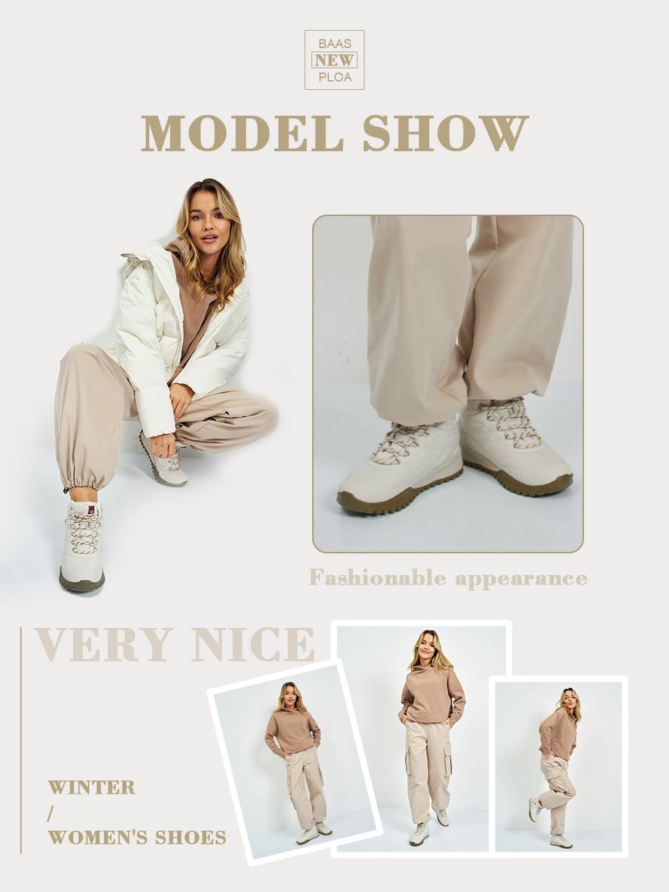 Baasploa Winter Women Sneakers Plush Warm Snow Boots Non-Slip Waterproof Shoes Women Outdoor Boots Walking Shoes