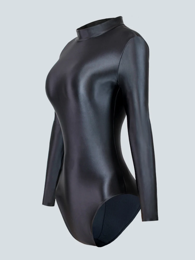 XClocKNYoung satin glossy swimsuit tight front back zipper two style high slit satin glossy long sleeve Swimsuit Bottom coat