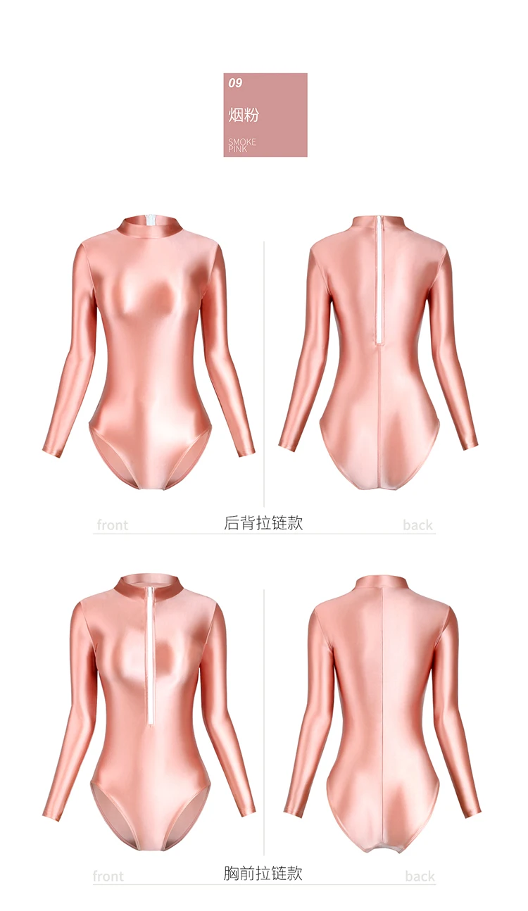 XClocKNYoung satin glossy swimsuit tight front back zipper two style high slit satin glossy long sleeve Swimsuit Bottom coat