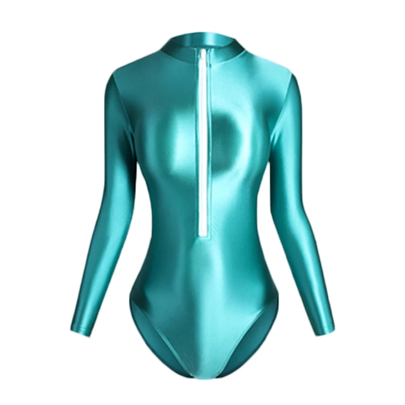 XClocKNYoung satin glossy swimsuit tight front back zipper two style high slit satin glossy long sleeve Swimsuit Bottom coat