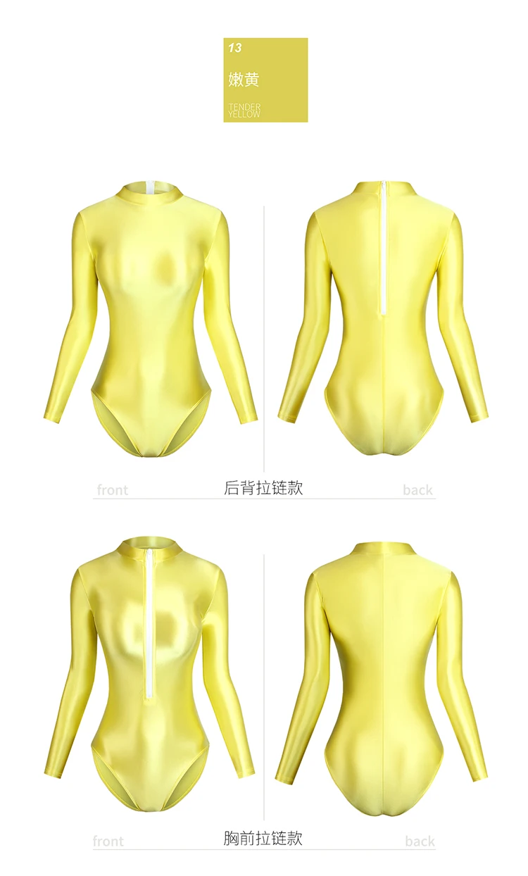 XClocKNYoung satin glossy swimsuit tight front back zipper two style high slit satin glossy long sleeve Swimsuit Bottom coat