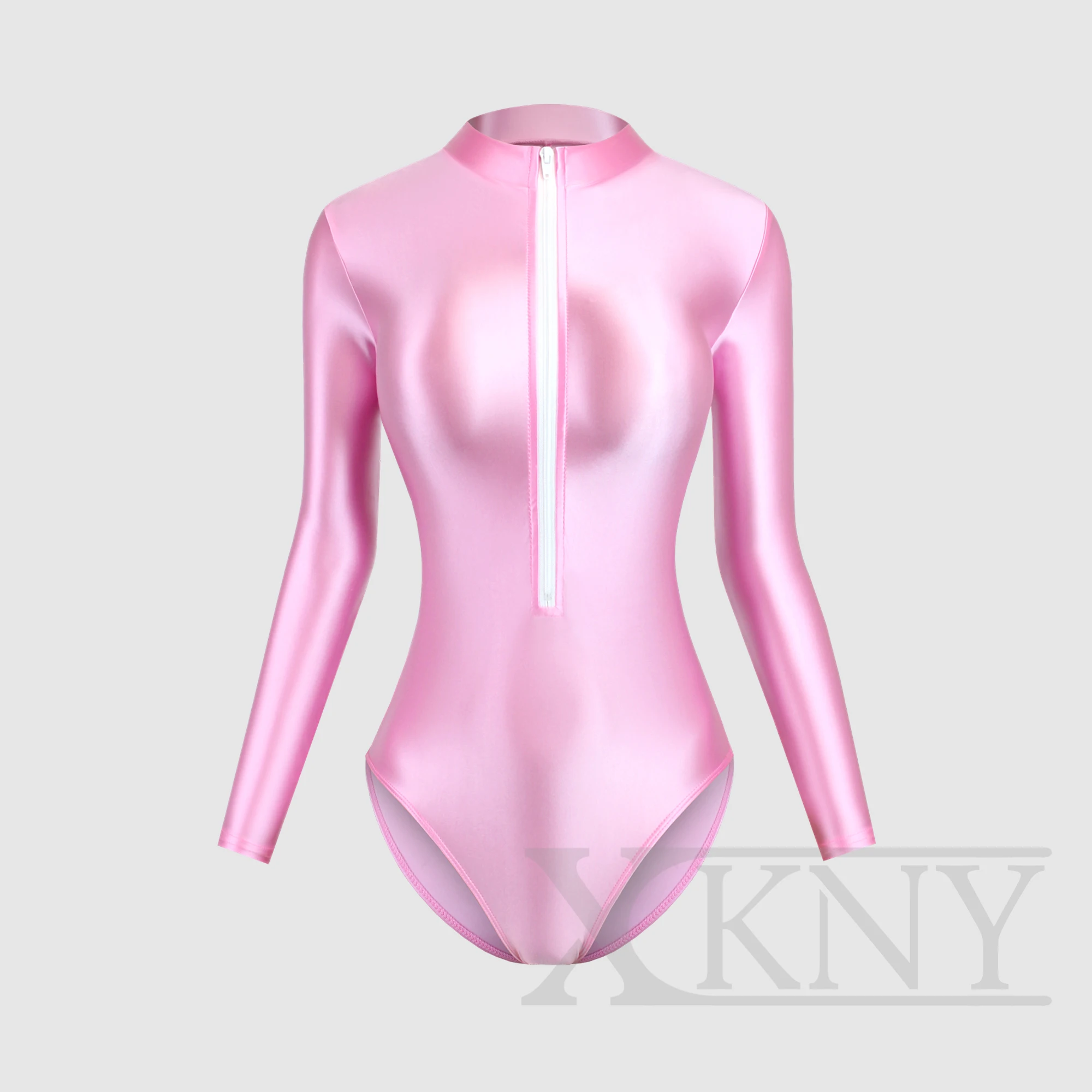 XClocKNYoung satin glossy swimsuit tight front back zipper two style high slit satin glossy long sleeve Swimsuit Bottom coat