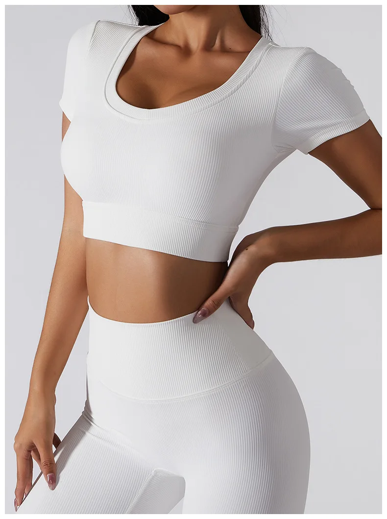 Women's Seamless Tops Short Sleeve Deep V Neck Yoga Shirts Fitness Crop Top Women Yoga Shirts Sportswear Gym Clothes