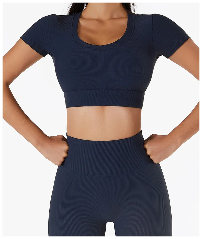 Women's Seamless Tops Short Sleeve Deep V Neck Yoga Shirts Fitness Crop Top Women Yoga Shirts Sportswear Gym Clothes