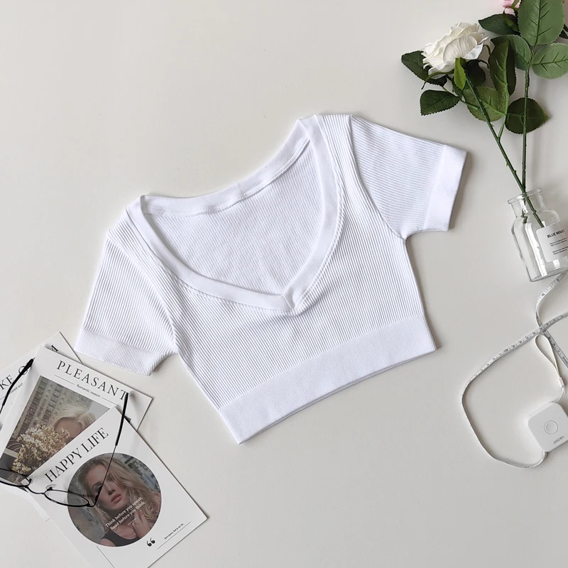 Women's Seamless Tops Short Sleeve Deep V Neck Yoga Shirts Fitness Crop Top Women Yoga Shirts Sportswear Gym Clothes