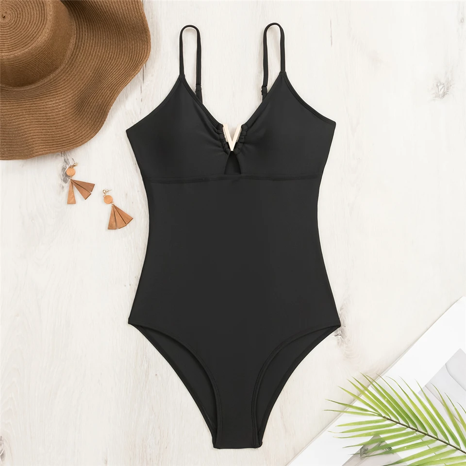 2025 Cut Out Front V Wire Swimsuit One Piece Solid Swimwear Women Sexy Bathers Bathing Swimming Suit Female Padded Beachwear