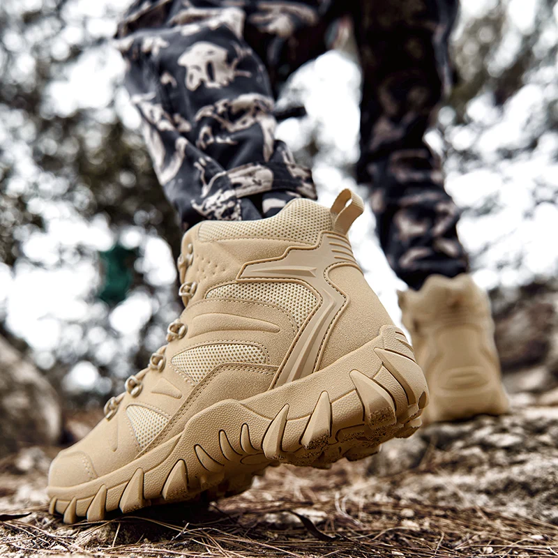 HIKEUP Men's Ankle Boots for Leather Men's Winter Boots Brand Designer Hiking Tactical Shoes Work Safety Sneakers Army