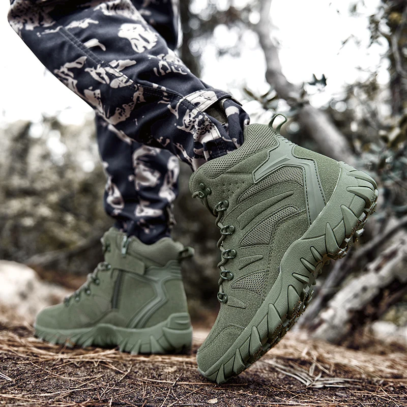 HIKEUP Men's Ankle Boots for Leather Men's Winter Boots Brand Designer Hiking Tactical Shoes Work Safety Sneakers Army