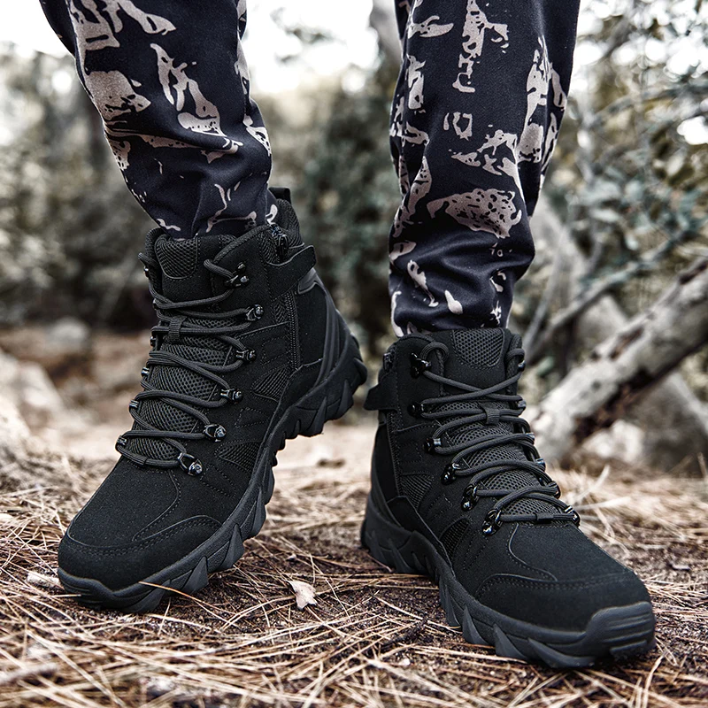 HIKEUP Men's Ankle Boots for Leather Men's Winter Boots Brand Designer Hiking Tactical Shoes Work Safety Sneakers Army