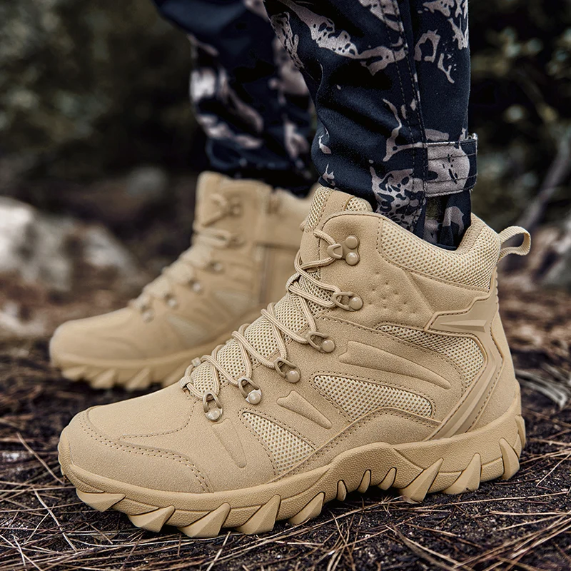 HIKEUP Men's Ankle Boots for Leather Men's Winter Boots Brand Designer Hiking Tactical Shoes Work Safety Sneakers Army