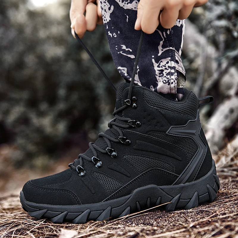 HIKEUP Men's Ankle Boots for Leather Men's Winter Boots Brand Designer Hiking Tactical Shoes Work Safety Sneakers Army