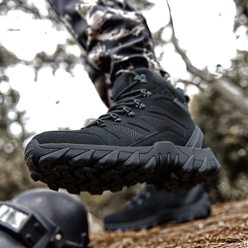 HIKEUP Men's Ankle Boots for Leather Men's Winter Boots Brand Designer Hiking Tactical Shoes Work Safety Sneakers Army
