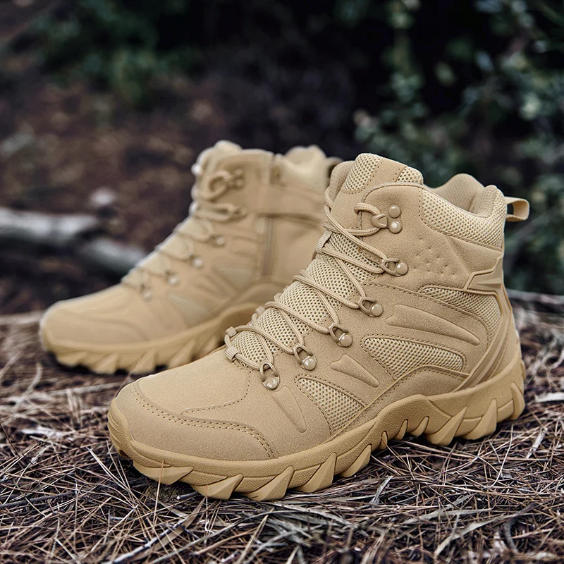 HIKEUP Men's Ankle Boots for Leather Men's Winter Boots Brand Designer Hiking Tactical Shoes Work Safety Sneakers Army
