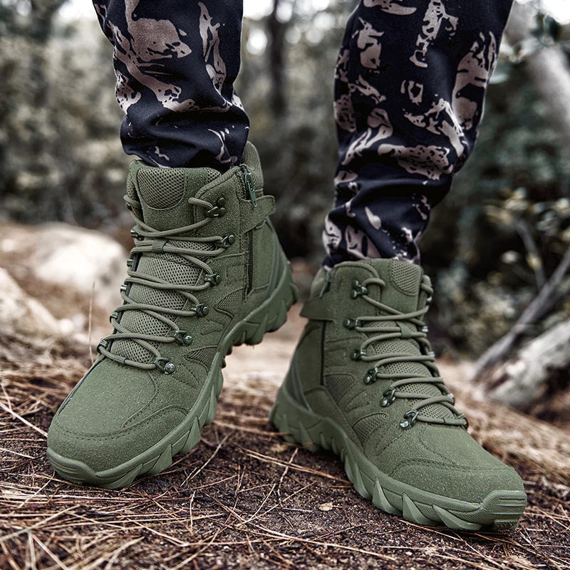 HIKEUP Men's Ankle Boots for Leather Men's Winter Boots Brand Designer Hiking Tactical Shoes Work Safety Sneakers Army