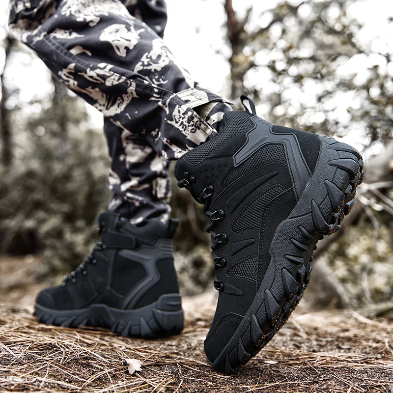 HIKEUP Men's Ankle Boots for Leather Men's Winter Boots Brand Designer Hiking Tactical Shoes Work Safety Sneakers Army