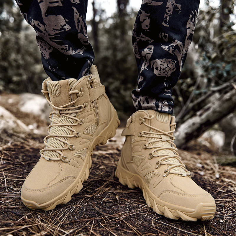 HIKEUP Men's Ankle Boots for Leather Men's Winter Boots Brand Designer Hiking Tactical Shoes Work Safety Sneakers Army