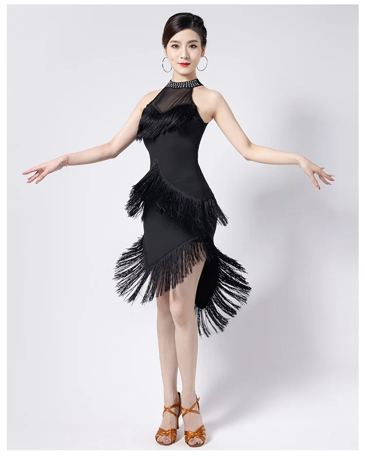 New Ladies Latin Dance Dress Women Black Stage Costumes Tassel Salsa Halter Rumba/Samba Salsa Perform Fitness Dancewear