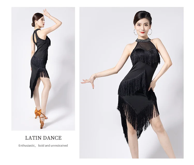 New Ladies Latin Dance Dress Women Black Stage Costumes Tassel Salsa Halter Rumba/Samba Salsa Perform Fitness Dancewear