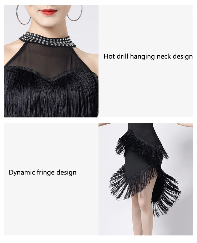 New Ladies Latin Dance Dress Women Black Stage Costumes Tassel Salsa Halter Rumba/Samba Salsa Perform Fitness Dancewear