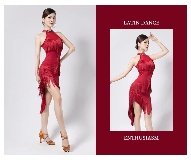 New Ladies Latin Dance Dress Women Black Stage Costumes Tassel Salsa Halter Rumba/Samba Salsa Perform Fitness Dancewear