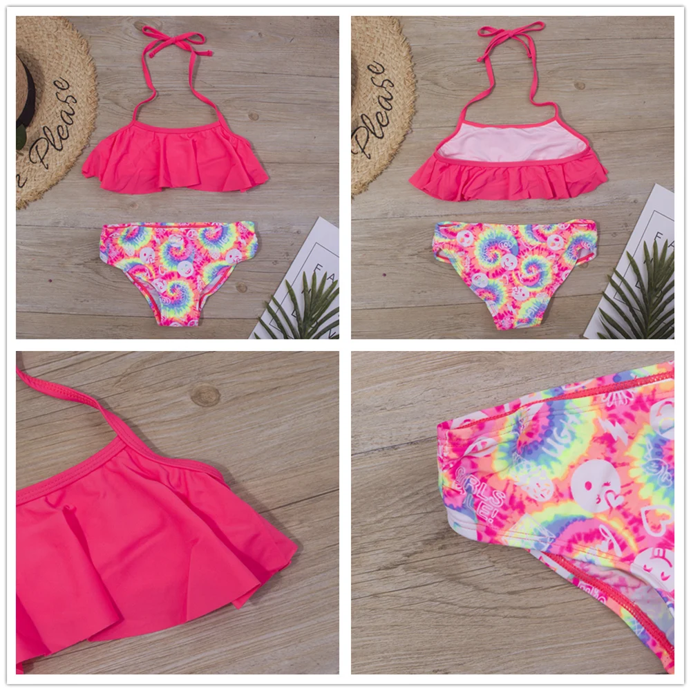 Print Summer Girls Kids Bikinis Set 5-14 Years Ruffle Kids Swimwear Swimsuit Children Bandage Swimming Bathing Suit Beachwear