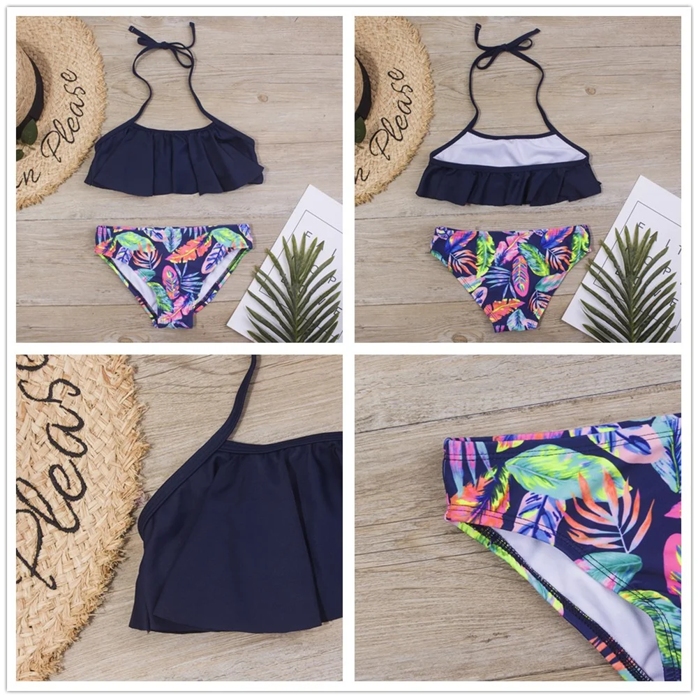 Print Summer Girls Kids Bikinis Set 5-14 Years Ruffle Kids Swimwear Swimsuit Children Bandage Swimming Bathing Suit Beachwear