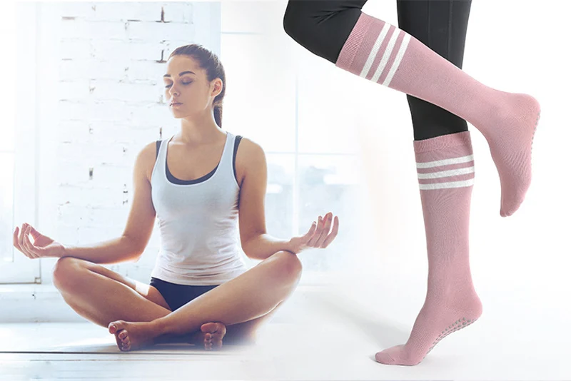 Autumn Winter Women Yoga Socks Striped Cotton Fitness Breathable Pilates Socks Middle Tube Non-Slip Gym Dance Ballet Grip Socks