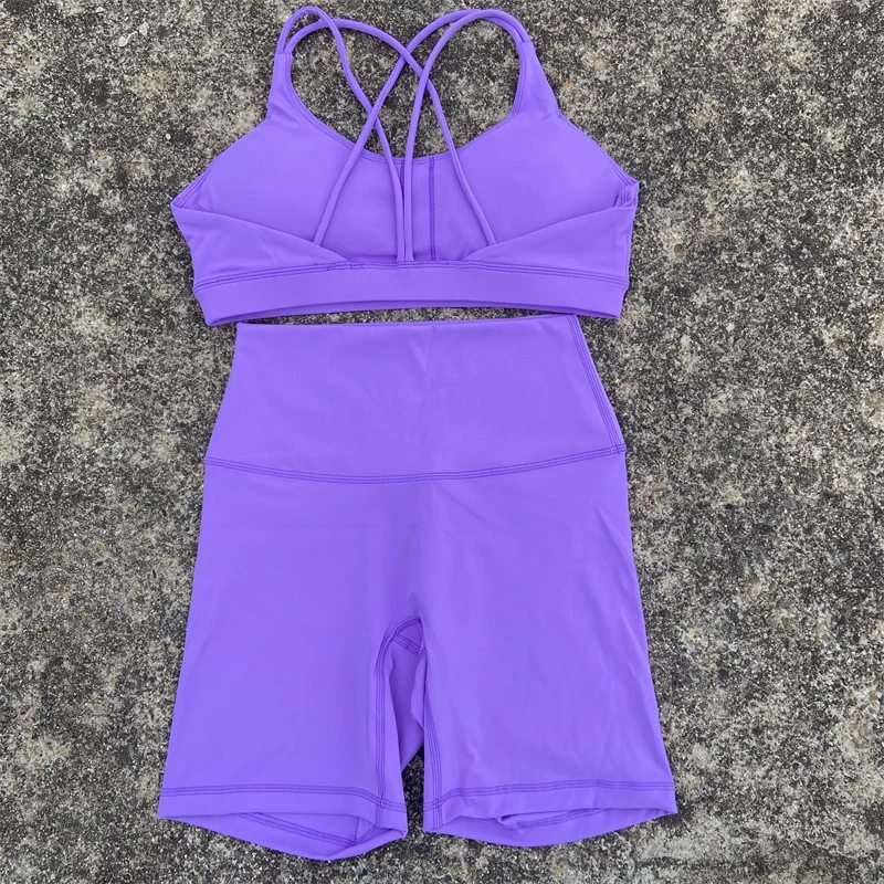 Solid Color Soft Women Gym Yoga Short Cycling Set Cross Back Gym Bra+High Waist Short Leggings High impact shockproof Sportwear